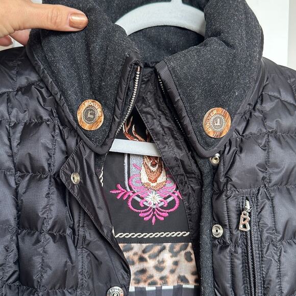 Bogner Women's Black Down Embroidered Puffer Mid Length Coat, Size 6, Like New - Picture 10 of 12